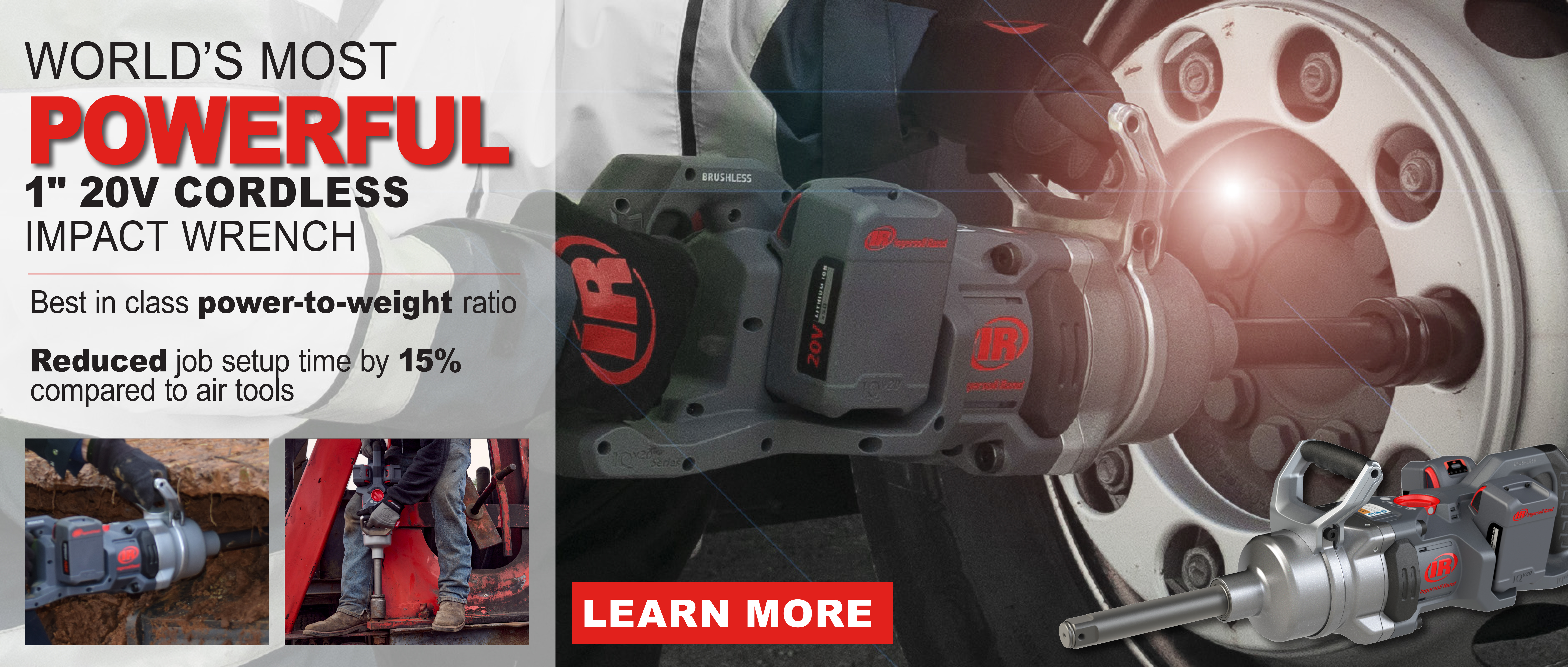 Meet the World's Most Powerful 1" 20V Cordless Impact Wrenches: Ingersoll Rand W9491 and W9691. Industry-leading power to weight ratio. Reduced job setup time compared to air tools.