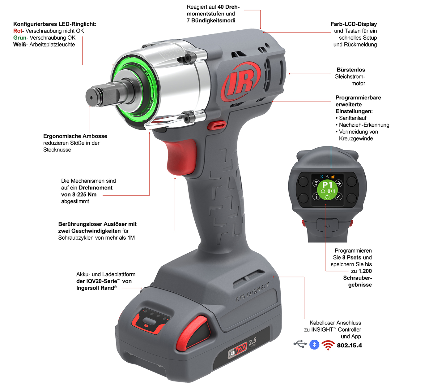 Cordless mechanical pulse tool with annotations showcasing visual cycle feedback features, programming capabilities, ergonomic design, torque levels and wireless connectivity.