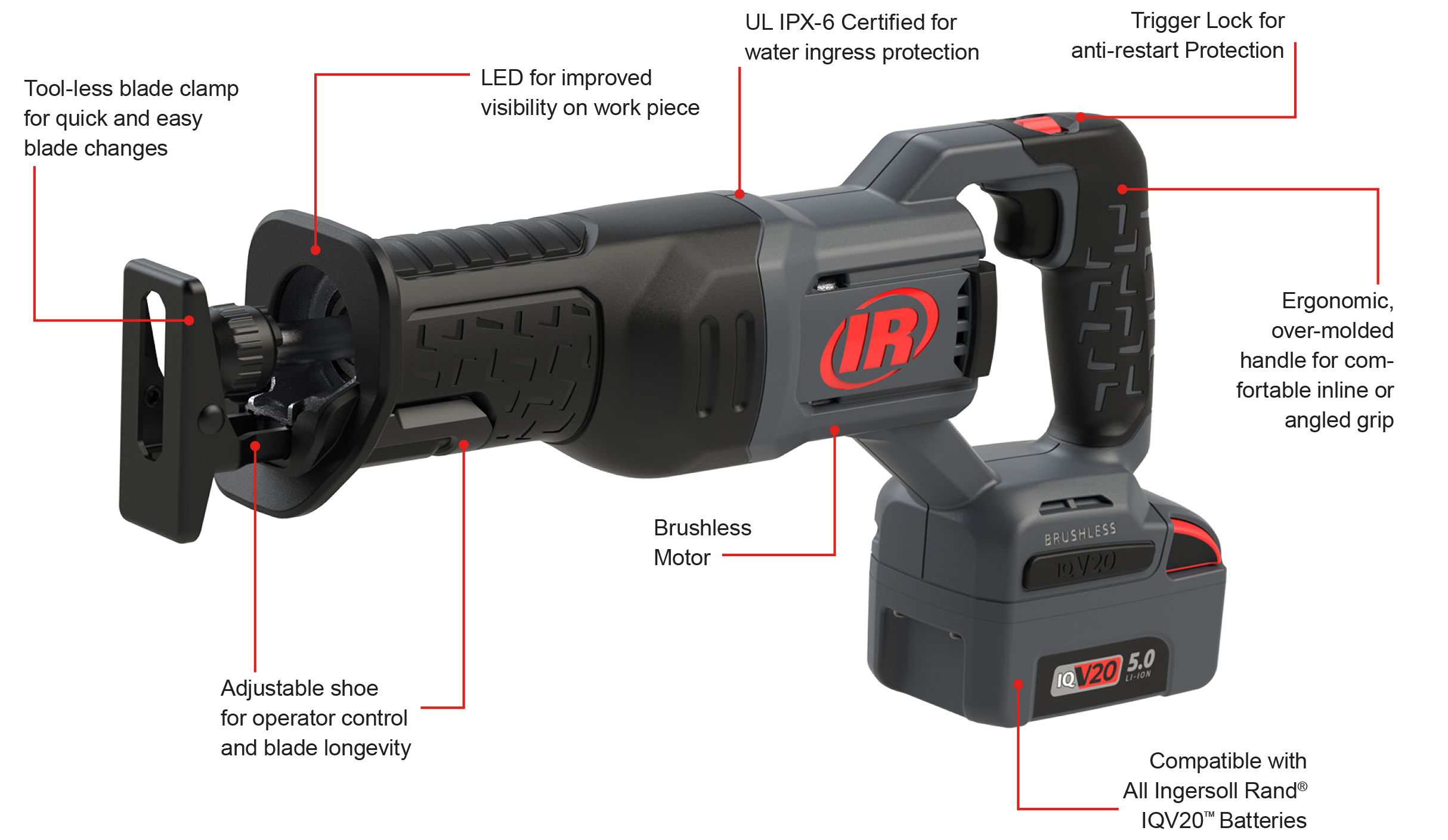 Cordless recip saw features a brushless motor, trigger lock for anti-restart protection, comfortable grip, table shoe,  tool-less blade clamp, and is compatible with all IR IQV20 batteries.