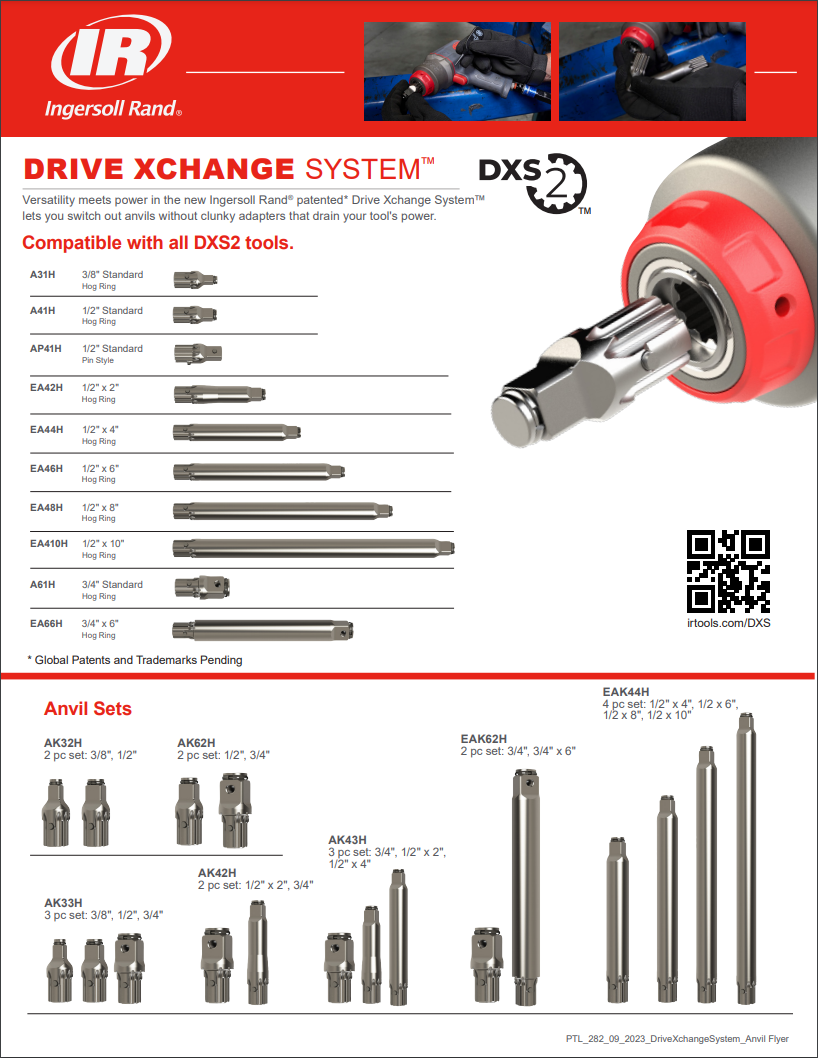 Drive Xchange System™ flyer. The DXS interchangeable drives lets you switch out anvils without clunky adapters that drain your tool’s power